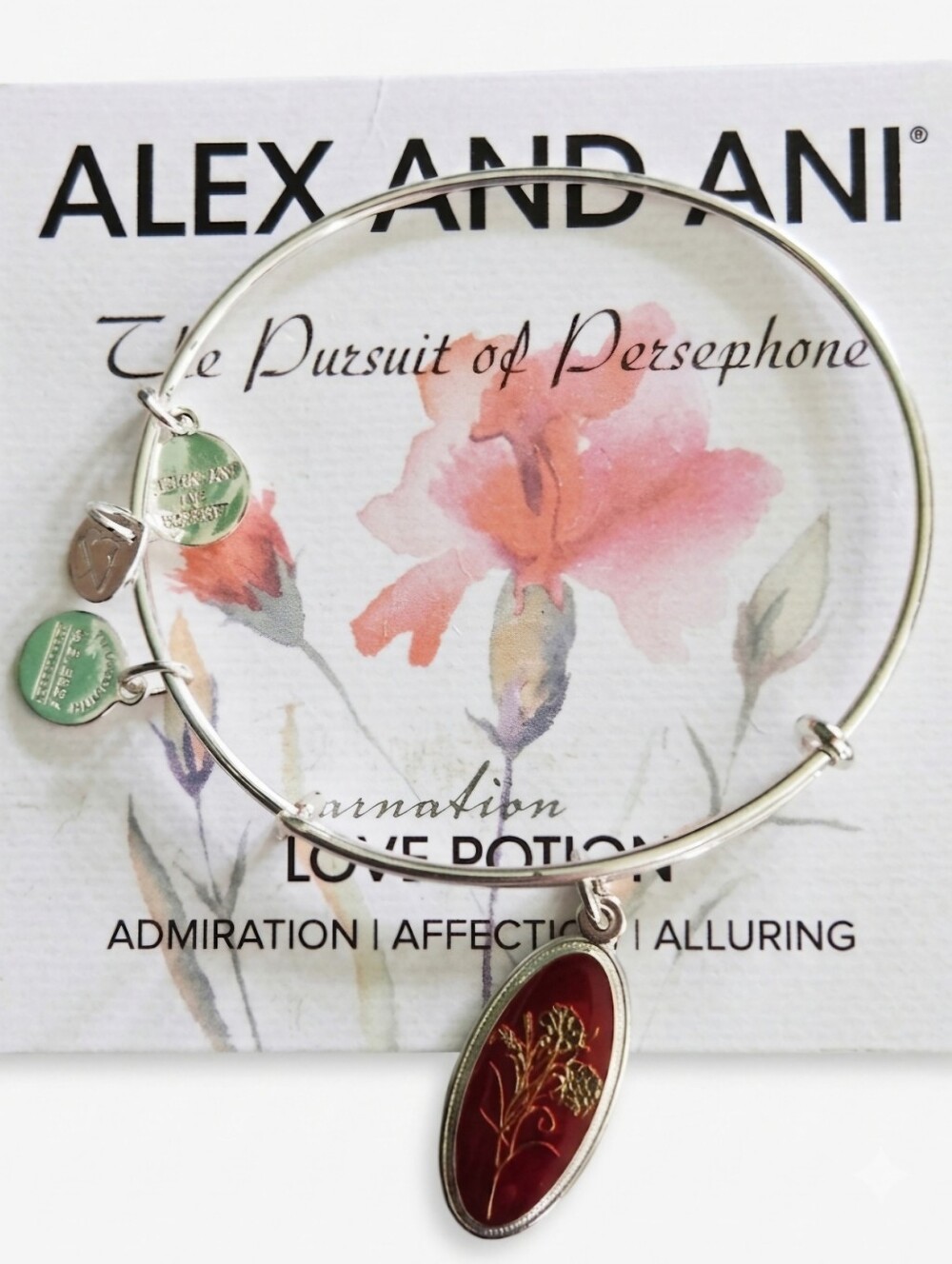 Alex and Ani Silver Bangle with Red Carnation Oval Charm